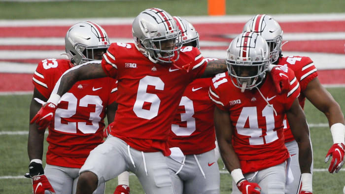 Ohio State Buckeyes safety Josh Proctor (41) celebrates after a stop during the first quarter of a NCAA Division I football game between the Ohio State Buckeyes and the Indiana Hoosiers on Saturday.